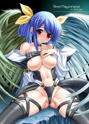 Rule 34 | 1girl, arc system works, asymmetrical wings, bare shoulders, blue hair, blush, bow, breasts, cameltoe, choker, cover, dizzy (guilty gear), guilty gear, hair bow, higuchi isami, large breasts, long hair, midriff, navel, nipple slip, nipples, red eyes, sitting, solo, spread legs, sweat, tail, thighhighs, twintails, very long hair, wings