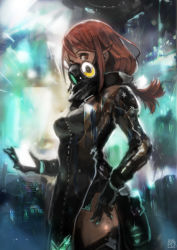 Rule 34 | 1girl, absurdres, blurry, blurry background, breasts, gas mask, hand on own hip, high collar, highres, long hair, mask, medium breasts, medium hair, okuto, original, profile, red eyes, red hair, side slit, solo, standing, thighhighs