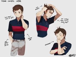 Rule 34 | 1boy, aged up, arrow (symbol), belt, black shirt, brown eyes, brown hair, buttons, character name, closed eyes, closed mouth, collared shirt, commentary, creatures (company), english text, game freak, grey pants, hand on own neck, hazel0217, highres, looking at viewer, male focus, multiple views, nintendo, pants, pokemon, pokemon swsh, polo shirt, shirt, short hair, short sleeves, signature, sketch, smile, sweatdrop, victor (pokemon)
