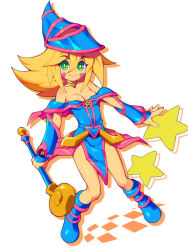 Rule 34 | 1girl, blonde hair, blue footwear, boots, breasts, bright pupils, choker, cleavage, dark magician girl, detached sleeves, dress, duel monster, facial mark, full body, green eyes, hat, holding, long hair, metata, off-shoulder dress, off shoulder, pentagram, small breasts, solo, star (symbol), wand, white background, wizard hat, yu-gi-oh!, yuu-gi-ou, yu-gi-oh! duel monsters