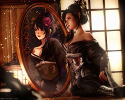 Rule 34 | 1girl, 3d, absurdres, alternate hairstyle, bare shoulders, black hair, black kimono, breasts, final fantasy, final fantasy vii, final fantasy vii remake, flower, hair flower, hair ornament, highres, japanese clothes, kimono, large breasts, long hair, mirror, official alternate costume, red eyes, red flower, red lips, ria-neearts, sitting, solo, square enix, tifa lockhart, tifa lockhart (exotic dress), wall market