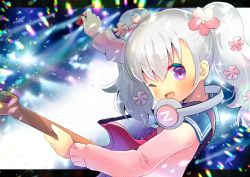 Rule 34 | 1girl, ;d, arm up, blue sailor collar, blurry, blurry background, blush, commentary request, depth of field, electric guitar, flower, guitar, hair between eyes, hair flower, hair ornament, headphones, headphones around neck, holding, instrument, kazehaya sakura, kou hiyoyo, letterboxed, long hair, long sleeves, looking at viewer, nyanko daisensou, one eye closed, open mouth, outstretched arm, pink flower, pink shirt, plectrum, sailor collar, shirt, silver hair, smile, solo, twintails, v-shaped eyebrows
