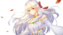 Rule 34 | 1girl, arcelle, bare shoulders, bride, detached sleeves, dress, fire emblem, fire emblem: radiant dawn, fire emblem heroes, flower, grin, hair ribbon, half updo, highres, long hair, long sleeves, micaiah (fire emblem), nintendo, petals, red ribbon, ribbon, silver hair, simple background, smile, solo, turtleneck, turtleneck dress, wedding dress, white background, white dress, yellow eyes