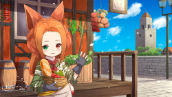 Rule 34 | 1girl, ame., animal ears, apron, baguette, barrel, basket, black gloves, blue sky, bread, brick wall, building, chili pepper, cloud, commentary request, dated, day, final fantasy, final fantasy xiv, fingerless gloves, food, forehead, gloves, green eyes, green shirt, grey apron, hand up, heterochromia, lalafell, lamppost, long hair, long sleeves, onion, orange hair, outdoors, parted bangs, parted lips, railing, red eyes, shirt, signature, sky, solo, teeth, tower, upper body, upper teeth only, warrior of light (ff14), window