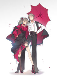 1boy 1girl 2134twone alternate_costume asymmetrical_legwear black_choker black_footwear black_gloves black_pantyhose black_socks breasts caelus_(honkai:_star_rail) chinese_commentary choker coat coat_on_shoulders dress dress_shirt frilled_dress frills full_body gloves grey_hair hand_on_own_hip high_heels holding holding_umbrella honkai:_star_rail honkai_(series) long_sleeves looking_at_viewer pantyhose ponytail red_shirt shirt shirt_tucked_in short_hair socks stelle_(honkai:_star_rail) trailblazer_(honkai:_star_rail) umbrella underbust white_background white_shirt yellow_eyes