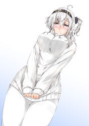 Rule 34 | 1girl, ahoge, blush, breasts, clothes writing, commentary request, covering crotch, covering privates, cowboy shot, gradient background, grey eyes, hair between eyes, hair ornament, hairband, kantai collection, large breasts, long sleeves, looking at viewer, mikage takashi, pantyhose, ribbed sweater, short hair, side ponytail, solo, suzutsuki (kancolle), sweater, white background, white hair, white pantyhose