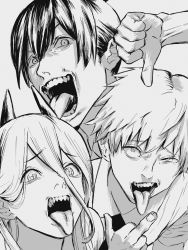 Rule 34 | 1girl, 2boys, black necktie, chainsaw man, collared shirt, cross-shaped pupils, denji (chainsaw man), greyscale, group picture, hair between eyes, hayakawa aki, highres, horns, long hair, looking at viewer, middle finger, monochrome, multiple boys, necktie, open mouth, power (chainsaw man), riki (riki unc), sharp teeth, shirt, short hair, simple background, symbol-shaped pupils, teeth, thumbs down, tongue, tongue out, white background, white hair, white shirt