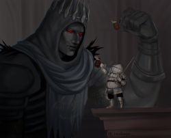 Rule 34 | 2boys, alcohol, armor, beer, black nails, black pants, boots, bracer, breastplate, colored sclera, colored skin, crown, dark souls (series), dark souls iii, faulds, fingernails, full armor, gauntlets, giant, giant male, grey skin, helmet, highres, holding, holding sword, holding weapon, hood, hood up, multiple boys, nail polish, no pupils, pants, red eyes, red sclera, siegward of catarina, size difference, sleepysolaire, smile, sword, tabard, tankard, vambraces, weapon, yhorm the giant