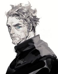 Rule 34 | 1boy, beard, blue eyes, closed mouth, eyeshadow, facial hair, heterochromia, jacket, looking at viewer, makeup, male focus, old, old man, original, pigeon666, short hair, signature, simple background, solo, spot color, upper body, white background