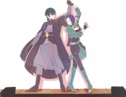 Rule 34 | 1boy, 1girl, armor, black gloves, blue eyes, blue hair, breasts, byleth (fire emblem), byleth (male) (fire emblem), cape, cleavage, closed eyes, couple, dancing, fire emblem, fire emblem: three houses, gloves, green jacket, heels, holding hands, jacket, jewelry, kiora06, looking at viewer, medium breasts, nintendo, open clothes, open jacket, pants, shamir nevrand, sleeves rolled up, stage