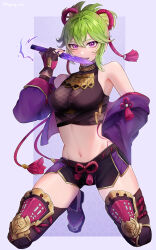 Rule 34 | 1girl, bare shoulders, biting, black shirt, black shorts, black thighhighs, breasts, commentary request, crop top, dagger, genshin impact, green hair, hair between eyes, highres, holding, holding dagger, holding knife, holding weapon, jacket, kneeling, knife, kuki shinobu, looking at viewer, medium breasts, mgmg ebi, midriff, navel, off shoulder, open clothes, open jacket, ponytail, purple background, purple eyes, purple jacket, shirt, short hair, short shorts, shorts, solo, stomach, thighhighs, thighs, weapon
