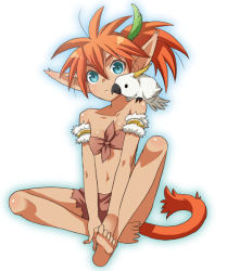 Rule 34 | 1girl, animal, animal on shoulder, barefoot, bird, bird on shoulder, dark skin, dark-skinned female, feet, flat chest, mattaku mousuke, midriff, orange hair, pointy ears, soles, solo, spread toes, tail, toes