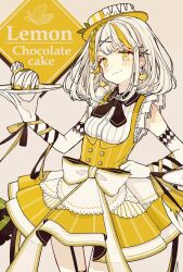 Rule 34 | 1girl, :3, akakura, apron, argyle, arm ribbon, arm tattoo, black collar, black neckerchief, black ribbon, blonde hair, bow, braid, brown background, buttons, cake, chocolate syrup, chokokeki 6 shimai, clenched hand, closed mouth, collar, collared dress, collared shirt, commentary request, cowboy shot, dangle earrings, dress, earrings, english text, eyelashes, food, food-themed earrings, food themed earrings, frilled shirt, frills, fruit, gold ribbon, gold trim, hair ornament, hairclip, hand on own hip, hat, holding, holding plate, icing, jewelry, lace, lace-trimmed apron, lace-trimmed shirt, lace trim, layered apron, leaf hat ornament, lemon, lemon earrings, lemon slice, light blush, looking ahead, medium hair, multicolored hair, neckerchief, original, plate, pleated dress, ribbon, shirt, short dress, simple background, single braid, sleeveless, sleeveless dress, sleeveless shirt, smile, solo, streaked hair, striped apron, striped clothes, striped dress, striped headwear, striped shirt, tattoo, v-shaped eyebrows, vertical-striped apron, vertical-striped clothes, vertical-striped dress, vertical-striped headwear, vertical-striped shirt, waist apron, waist bow, white apron, white bow, white hair, white shirt, x hair ornament, yellow dress, yellow eyes, yellow hat