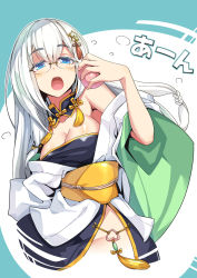 Rule 34 | :o, bare shoulders, blue eyes, breasts, cowboy shot, glasses, groin, hair ornament, hand up, heart o-ring, heart ring bottom, highres, long hair, looking at viewer, medium breasts, ogami kazuki, simple background, solo, white hair, wide sleeves