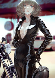 Rule 34 | 1girl, biker clothes, bikesuit, black gloves, blue eyes, blurry, blurry background, bodysuit, breasts, brown hair, day, depth of field, glint, gloves, hand on own hip, helmet, highres, holding, holding helmet, idolmaster, idolmaster cinderella girls, kaoming, light brown hair, lips, long sleeves, looking afar, medium breasts, mole, mole under eye, motor vehicle, motorcycle, outdoors, paid reward available, parted lips, partially unzipped, short hair, solo, sweat, takagaki kaede, zipper pull tab