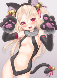 Rule 34 | 1girl, animal ears, animal hands, bell, black gloves, black leotard, blonde hair, blush, breasts, cat ears, commentary request, dangeroes beast (illya), elbow gloves, fake animal ears, fake tail, fate/kaleid liner prisma illya, fate (series), fur trim, gloves, gluteal fold, grey background, hair bell, hair between eyes, hair ornament, hair ribbon, illyasviel von einzbern, leotard, long hair, navel, official alternate costume, open mouth, paw gloves, paw pose, red eyes, red ribbon, ribbon, shinovi, sideboob, simple background, small breasts, solo, tail, tail bell, tail ornament, tail ribbon, thigh strap