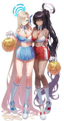 Rule 34 | 2girls, absurdly long hair, absurdres, armband, asuna (blue archive), bare shoulders, black hair, blonde hair, blue archive, blue eyes, blue skirt, blush, breast press, breasts, character name, cheerleader, cleavage, cosplay, crop top, dark-skinned female, dark skin, detached collar, gloves, grin, hair over one eye, halo, halterneck, highres, holding, holding pom poms, karin (blue archive), kneehighs, large breasts, long hair, looking at viewer, midriff, millennium cheerleader outfit (blue archive), miniskirt, mole, mole on breast, multiple girls, navel, official alternate costume, partially fingerless gloves, pleated skirt, pom pom (cheerleading), pom poms, ponytail, red skirt, sbgu, shirt, shoes, skirt, sleeveless, sleeveless shirt, smile, sneakers, socks, spaghetti strap, standing, stomach, sweat, swept bangs, symmetrical docking, thighs, two-tone shirt, very long hair, white background, white shirt, white socks, wing collar, yellow eyes