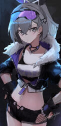 Rule 34 | 1girl, asymmetrical clothes, black gloves, black jacket, black shorts, choker, cowboy shot, crop top, cropped jacket, expressionless, fingerless gloves, fishnets, fur trim, gloves, goggles, goggles on head, grey eyes, grey hair, hair ornament, hairclip, hands on own hips, highres, honkai: star rail, honkai (series), jacket, long hair, long sleeves, looking at viewer, micro shorts, midriff, navel, open fly, partially unzipped, ponytail, punished pigeon, shirt, shorts, silver wolf (honkai: star rail), sleeveless, sleeveless shirt, solo, standing, stomach, white shirt
