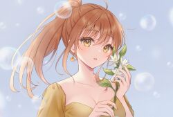 Rule 34 | 1girl, blush, breasts, brown hair, bubble, cleavage, earrings, flower, flower request, food-themed earrings, food themed earrings, holding, holding flower, jewelry, long hair, looking at viewer, medium breasts, nail polish, orange-shaped earrings, original, parted lips, ponytail, puffy sleeves, sakunagita, solo, yellow eyes