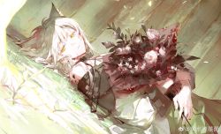 Rule 34 | 1girl, animal ears, arknights, bare shoulders, bouquet, collar, dress, flower, green dress, green eyes, kal&#039;tsit (arknights), looking at viewer, material growth, min (120716), oripathy lesion (arknights), short hair, silver hair, solo