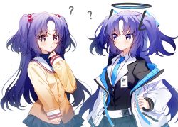 Rule 34 | 2girls, :&lt;, ?, bad id, bad twitter id, blue archive, blush, clannad, crossover, hair ornament, halo, highres, ichinose kotomi, id card, jacket, kawachi rin, long hair, look-alike, looking at viewer, multiple girls, purple eyes, purple hair, simple background, trait connection, white background, yuuka (blue archive)