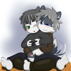 Rule 34 | 2boys, blue eyes, furry, game console, gaming, green eyes, handheld game console, multiple boys, playstation portable, tagme, yaoi, yarnjelly