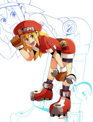 Rule 34 | 1girl, :d, absurdres, belt, bike shorts, blonde hair, brown gloves, cabbie hat, commentary, cropped jacket, english commentary, full body, gloves, green eyes, hat, highres, holding, holding wrench, jacket, leaning forward, long hair, looking at viewer, mega man (series), mega man legends (series), open mouth, red hat, roll caskett (mega man), short sleeves, shorts, smile, solo, thegreyzen, wrench