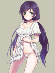 Rule 34 | 10s, 1girl, breasts, cleavage, clothes lift, dress, dress lift, green eyes, long hair, love live!, love live! school idol project, low twintails, medium breasts, navel, panties, purple hair, rimo, simple background, smile, solo, string panties, tojo nozomi, twintails, underwear, very long hair, white dress, white panties