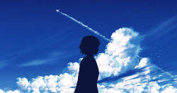 Rule 34 | 1girl, absurdres, aircraft, airplane, blue background, blue sky, blue theme, breasts, cloud, commentary, contrail, day, from side, highres, messy hair, original, outdoors, scenery, short hair, signature, silhouette, sky, skyrick9413, small breasts, solo, upper body