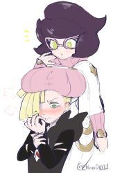 Rule 34 | 10s, 1boy, 1girl, puff of air, ^^^, artist name, black hair, blonde hair, blush, breast rest, breasts, breasts on head, chinad011, closed mouth, creatures (company), ear blush, ear piercing, game freak, gladion (pokemon), glasses, green eyes, hair over one eye, highres, large breasts, long sleeves, nintendo, open mouth, piercing, pink-framed eyewear, pokemon, pokemon sm, short hair, sketch, sweater, trembling, turtleneck, turtleneck sweater, twitter username, white background, wicke (pokemon)