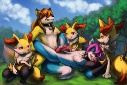 Rule 34 | 1girl, 2016, 4boys, anal, animal ears, animal hands, arm up, armpits, artist name, between legs, blush, braixen, clenched teeth, cloud, collar, creatures (company), cum, cum in mouth, cum on body, cum on upper body, dated, erection, fangs, feet, fellatio, fingering, fox ears, fox tail, furry, game freak, gen 6 pokemon, grass, half-closed eyes, hand between legs, hand on head, hands up, haychel, kneeling, looking back, looking down, looking to the side, looking up, lying, masturbation, multiple boys, navel, nintendo, nipples, nude, on back, open mouth, oral, orange hair, outdoors, penis, penis grab, pink eyes, pink hair, pokemon, pokemon (creature), pokemon xy, pussy, pussy juice, sex, short hair, signature, sitting, sky, smile, spread legs, stick, tail, teeth, text focus, tree, uncensored
