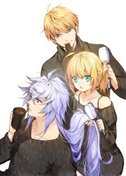 Rule 34 | 1girl, 2boys, adjusting another&#039;s hair, ahoge, alternate costume, aqua eyes, arthur pendragon (fate), artoria pendragon (fate), blonde hair, blue eyes, commentary request, cup, fate/grand order, fate/prototype, fate/stay night, fate (series), holding, long hair, long sleeves, merlin (fate/stay night), multiple boys, open mouth, pepper fever, ponytail, purple eyes, saber lily, smile, white hair