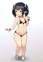 Rule 34 | 1girl, bare shoulders, black bra, black hair, black panties, bow, bow bra, bow panties, bra, breasts, final fantasy, final fantasy xiv, full body, gradient background, hair ribbon, highleg, highleg panties, highres, houtengeki, lalafell, medium hair, navel, open mouth, panties, pointy ears, ribbon, simple background, small breasts, solo, standing, stomach, string bra, string panties, thigh gap, twintails, underwear, white background, white ribbon, wristband, yellow eyes