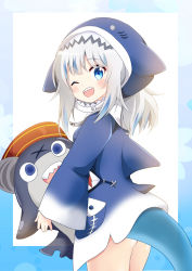 Rule 34 | 1girl, :d, animal costume, animal hood, bloop (gawr gura), blue eyes, blue hair, blue hoodie, blush, commentary, english commentary, fins, fish tail, from side, gawr gura, gawr gura (1st costume), highres, hololive, hololive english, hood, hoodie, long hair, long sleeves, looking at viewer, massala, multicolored hair, open mouth, shark, shark costume, shark hood, shark tail, sharp teeth, simple background, sleeves past wrists, smile, solo, streaked hair, tail, teeth, virtual youtuber, white hair, wide sleeves