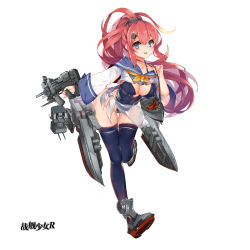 Rule 34 | 1girl, blue eyes, breasts, cleavage, copyright name, covered erect nipples, full body, gun, highres, holding, holding gun, holding weapon, impossible clothes, impossible swimsuit, large breasts, lifebuoy, mkiiiiii, official art, one-piece swimsuit, ponytail, porter (warship girls r), red hair, remodel (warship girls r), school uniform, simple background, smile, solo, swim ring, swimsuit, thighhighs, turret, warship girls r, weapon, white background, windforcelan