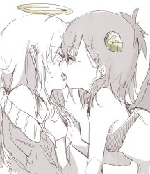 Rule 34 | 2girls, angel and devil, bafarin, blush, bra, commentary request, demon girl, demon horns, demon wings, french kiss, from side, gabriel dropout, greyscale, halo, hand on another&#039;s shoulder, highres, horns, kiss, monochrome, multiple girls, off shoulder, profile, sketch, sweatdrop, gabriel tenma white, vignette tsukinose april, underwear, upper body, wings, yuri