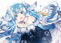 Rule 34 | 1girl, :d, absurdres, blue eyes, blue hair, blurry, blush, bubble, cane, commentary request, detached collar, detached sleeves, dress, glint, hair ornament, hair ribbon, hatsune miku, highres, huge filesize, juliet sleeves, long hair, long sleeves, looking at viewer, omutatsu, open mouth, puffy sleeves, rabbit, ribbon, sidelocks, skirt hold, smile, solo, tareme, tiara, twintails, underbust, very long hair, vocaloid, white dress, white ribbon, yuki miku, yukine (vocaloid)
