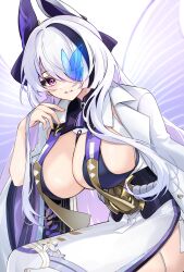 Rule 34 | 1girl, absurdres, azur lane, breasts, cleavage, dress, hair over eyes, hair over one eye, highres, japanese clothes, large breasts, long hair, long sleeves, looking at viewer, one eye covered, purple eyes, smile, solo, thighs, unzen (azur lane), white dress, white hair, yamaha tsui