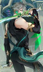 Rule 34 | 1boy, absurdres, alhaitham (genshin impact), ass, bare shoulders, bodysuit, crycry, dual wielding, elbow gloves, from behind, genshin impact, gloves, green eyes, grey hair, highres, holding, looking at viewer, looking back, male focus, skin tight, solo, sword, waist cape, waist sash, weapon