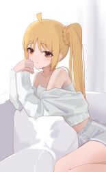 Rule 34 | 1girl, absurdres, ahoge, arm support, blonde hair, blush, bocchi the rock!, braid, closed mouth, clothes pull, collarbone, commentary, couch, eyelashes, hand up, highres, ijichi nijika, jianshu, leaning forward, long hair, looking at viewer, on couch, own hands together, shorts, side braid, side ponytail, sidelocks, simple background, sitting, smile, solo, straight hair, sweater, sweater pull, thighs, undershirt, wariza, white background, white sweater, yellow eyes