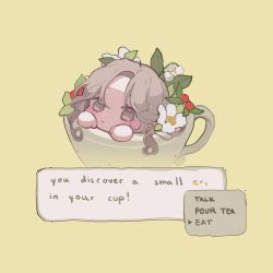 Rule 34 | 1girl, absurdres, brown eyes, brown hair, commentary, cup, dialogue box, dialogue options, english commentary, eri (vtuber), flower, highres, in container, in cup, indie virtual youtuber, leaf, looking at viewer, mini person, minigirl, parted bangs, sakai eri (illustratoreri), solo, teacup, virtual youtuber, white flower