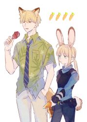 Rule 34 | 1boy, 1girl, ahoge, animal ear fluff, animal ears, aqua eyes, artoria pendragon (all), artoria pendragon (fate), belt buckle, belt pouch, blonde hair, blue pants, blue shirt, breast pocket, buckle, carrot, closed mouth, collared shirt, commentary request, cosplay, cowboy shot, diagonal-striped clothes, diagonal-striped necktie, extra ears, fate/stay night, fate (series), food, fox ears, fox tail, gilgamesh (fate), green shirt, hair between eyes, hand in pocket, highres, holding, holding carrot, holding food, holding popsicle, judy hopps, judy hopps (cosplay), kemonomimi mode, long hair, long sleeves, machi (uqyjee), necktie, nick wilde, nick wilde (cosplay), pants, pocket, police, police uniform, policewoman, ponytail, popsicle, pouch, print shirt, rabbit ears, rabbit tail, red eyes, saber (fate), shirt, short hair, short sleeves, side-by-side, sidelocks, simple background, standing, striped clothes, tail, uniform, white background, zootopia