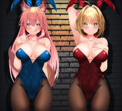Rule 34 | 2girls, absurdres, ahoge, animal ears, arm up, blonde hair, breasts, fake animal ears, fate/extra, fate (series), fishnet legwear, fishnets, fox ears, fox tail, green eyes, highres, large breasts, licking lips, long hair, multiple girls, nero claudius (fate), nero claudius (fate) (all), nero claudius (fate/extra), pantyhose, pink hair, playboy bunny, rabbit ears, sabi (rupf2384), smile, tail, tamamo (fate), tamamo no mae (fate/extra), tongue, tongue out, yellow eyes