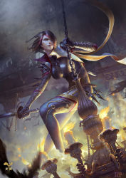 Rule 34 | 1girl, alternate costume, armor, bat (animal), bodysuit, boobplate, breastplate, breasts, candle, candlestand, chain, chainmail, chandelier, fighting stance, fiora (league of legends), fire, holding, holding sword, holding weapon, indoors, large breasts, league of legends, looking to the side, multicolored hair, railing, rapier, running, scale armor, skin tight, standing, sword, wax, weapon
