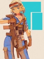 1girl absurdres amazon_(company) blonde_hair blue_jumpsuit blue_pupils breasts brown_gloves bullpup cleavage clenched_hand collarbone colored_tips commentary english_commentary gloves goggles goggles_on_head grey_eyes gun hair_between_eyes highres holding holding_gun holding_weapon id_card jumpsuit laser_sight logo looking_at_viewer multicolored_hair notfuji open_collar optical_sight original pouch rifle short_hair sleeves_rolled_up solo suppressor thigh_pouch watch weapon wristwatch