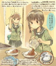 Rule 34 | 10s, 2girls, black eyes, black hair, braid, brown eyes, brown hair, commentary request, curry, curry rice, dated, food, green skirt, hiding, kantai collection, kirisawa juuzou, kitakami (kancolle), long hair, multiple girls, neckerchief, numbered, ooi (kancolle), pleated skirt, rice, sailor collar, school uniform, serafuku, short sleeves, single braid, skirt, smile, speech bubble, traditional media, translation request, twitter username