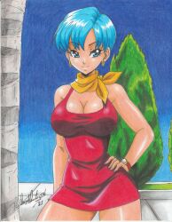 Rule 34 | 1girl, 2021, blue eyes, blue hair, breasts, bulma, cleavage, dragon ball, dragonball z, dress, earrings, hand on own hip, highres, jewelry, kerchief, large breasts, outdoors, ravernclouk design, red dress, scarf, short dress, short hair, solo, traditional media, tree, watch