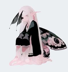 Rule 34 | 1girl, arthropod girl, black dress, black eyes, commentary, cross, dress, grey background, grey eyes, grey hair, hashtag-only commentary, heterochromia, high collar, insect girl, insect wings, li04r, long hair, monster girl, moth antennae, moth girl, moth wings, original, pointy ears, simple background, solo, standing, tentacles, wings