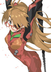Rule 34 | 1girl, arched back, armpits, arms up, ass, bespectacled, blue eyes, blush, bodysuit, breasts, brown hair, cowboy shot, duct tape, eyepatch, floating hair, from side, glasses, hair ornament, highres, jonsun, lance of longinus (evangelion), light smile, long hair, looking at viewer, neon genesis evangelion, parted bangs, petals, pilot suit, plugsuit, polearm, rebuild of evangelion, red-framed eyewear, simple background, skinny, small breasts, smile, solo, souryuu asuka langley, spear, taut clothes, turtleneck, two side up, very long hair, weapon, white background