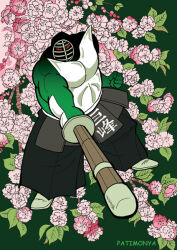 Rule 34 | 1boy, artist request, biceps, big the budo, flower, green background, holding, holding sword, holding weapon, kinnikuman, looking at viewer, manly, muscular, red eyes, shaded face, solo, sword, weapon, wooden sword